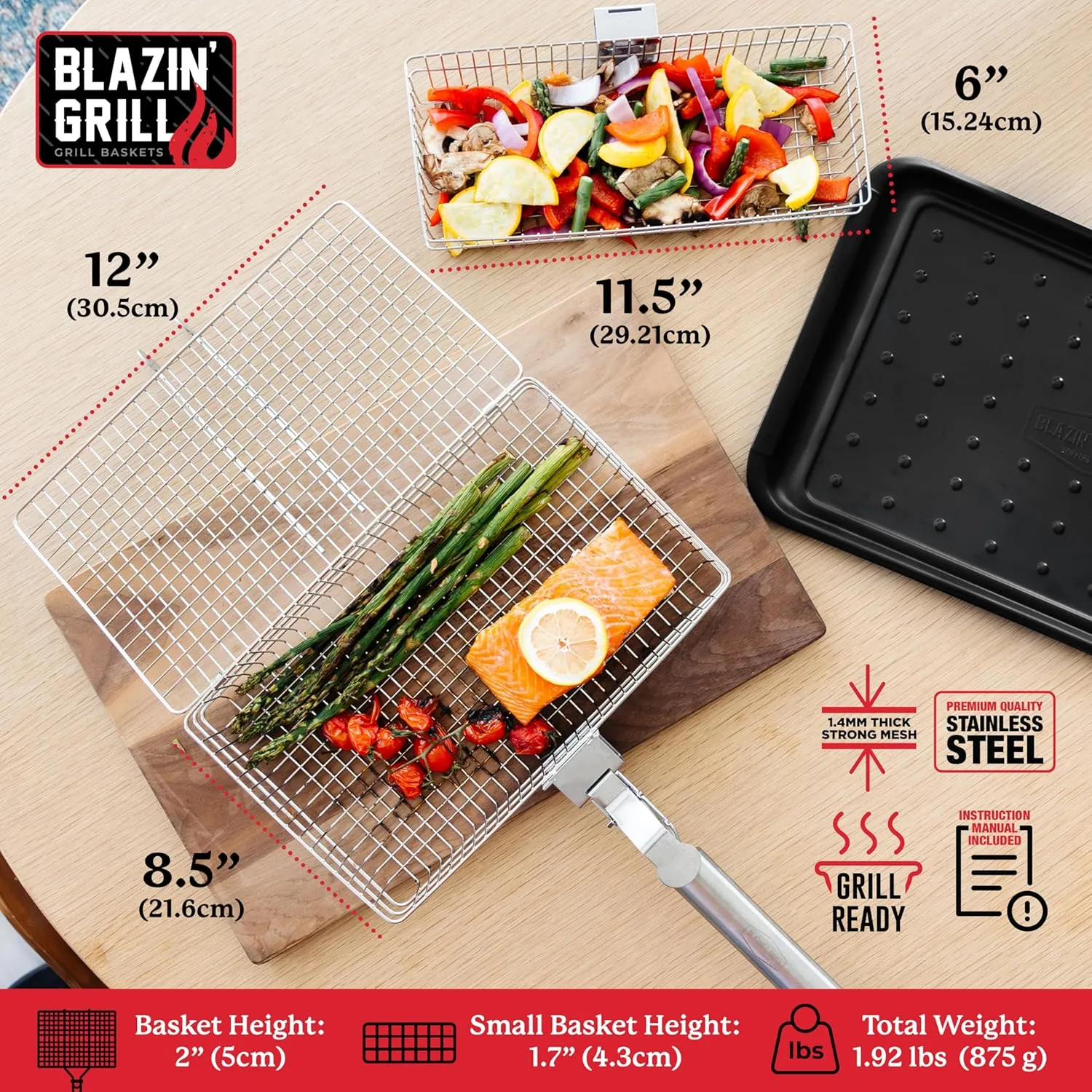 Blazin' Grill Grill Baskets for Outdoor Grill | 2 Grilling Baskets with Detachable Handle | Barbecue Grill Set with BBQ Gloves | Portable Camping Net Rack Perfect for Vegetables, Seafood & Meat