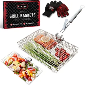 Blazin' Grill Grill Baskets for Outdoor Grill | 2 Grilling Baskets with Detachable Handle | Barbecue Grill Set with BBQ Gloves | Portable Camping Net Rack Perfect for Vegetables, Seafood & Meat