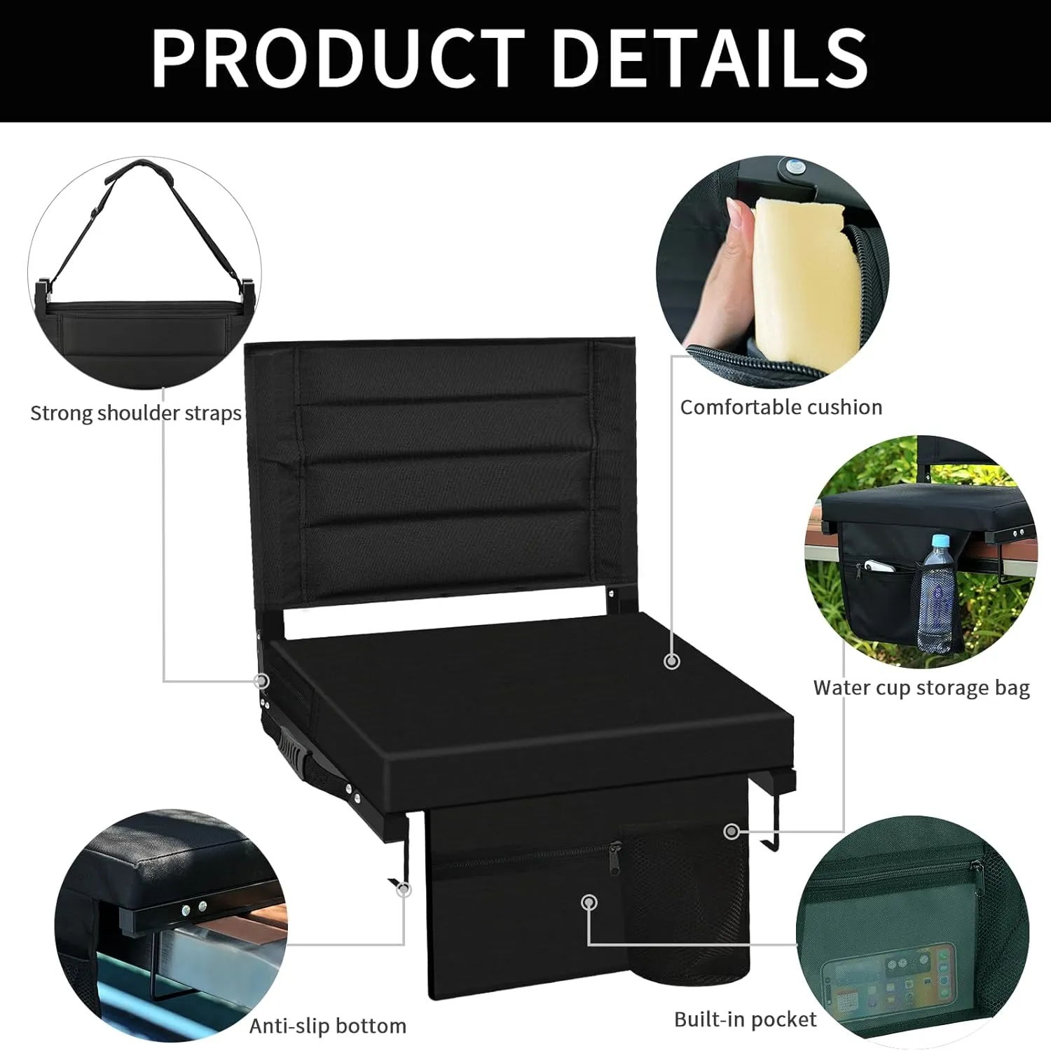 Bleacher Chairs Stadium Seats Cushion with Back Support, Portable Folding Chair