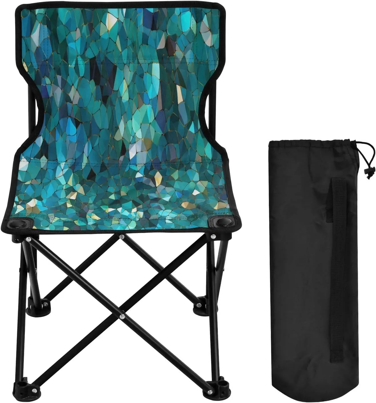 Blue Green Rhombus Portable Outdoor Folding Chair Anti-Slip Padded Oxford Cloth Stool Camping Chair Small for Beach Hiking Fishing Gardening Quad Camp Chair