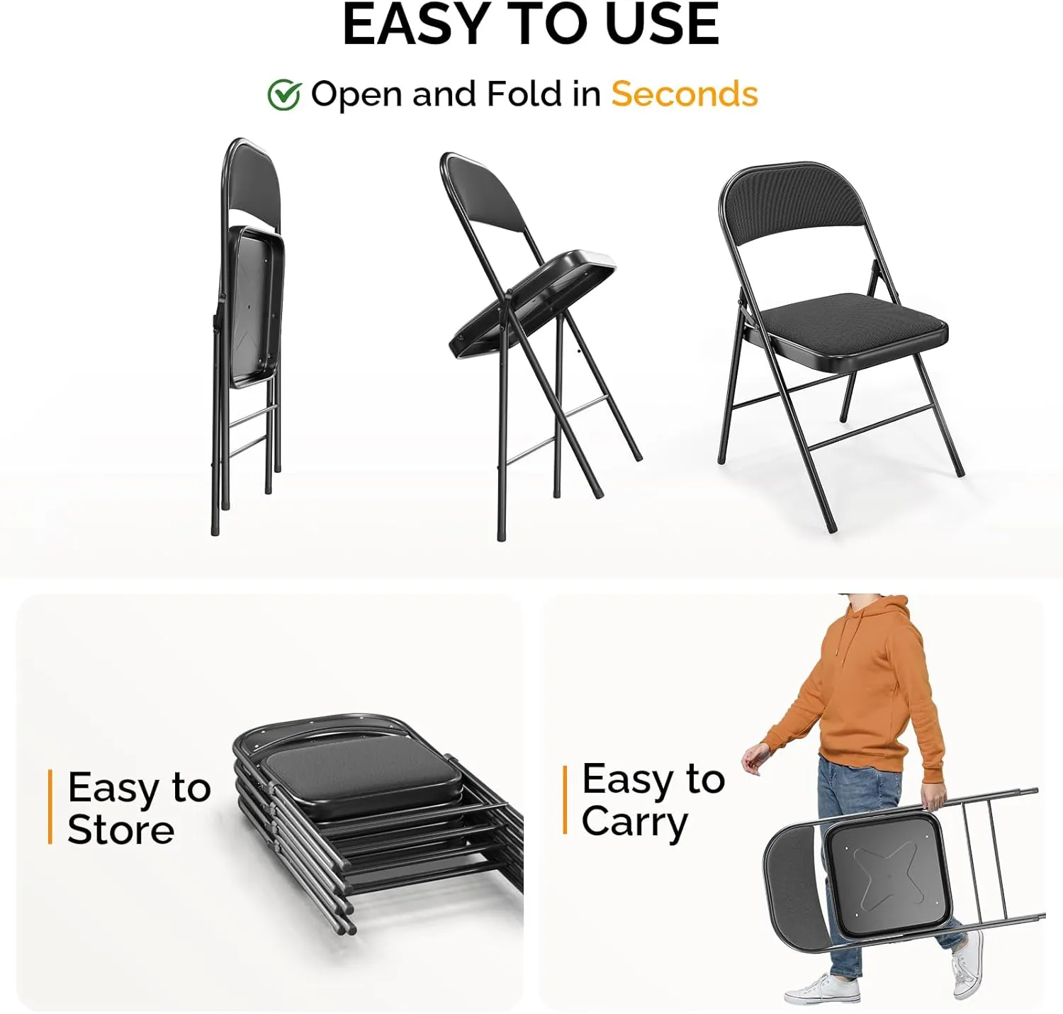 Bonnlo Folding Chair, Padded Folding Chairs with Cushion, Back and Steel Frame for Indoor Outdoor Outside Dinning Office Camping Use, Black, 10 Pack
