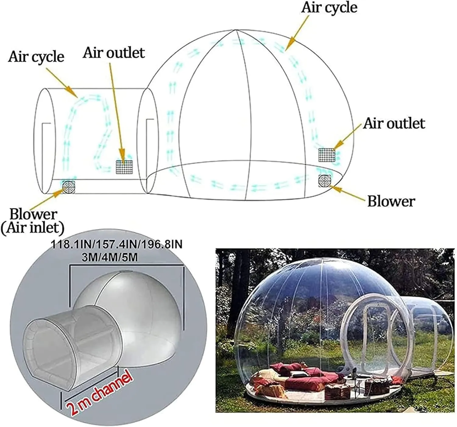 Bubble Tent Dome House 3/4/5 M Diameter Inflatable Transparent Bubble Balloon House, Transparent Dome Balloon Garden Tent with Hair Dryer, Suitable for Commercial,A,13FT
