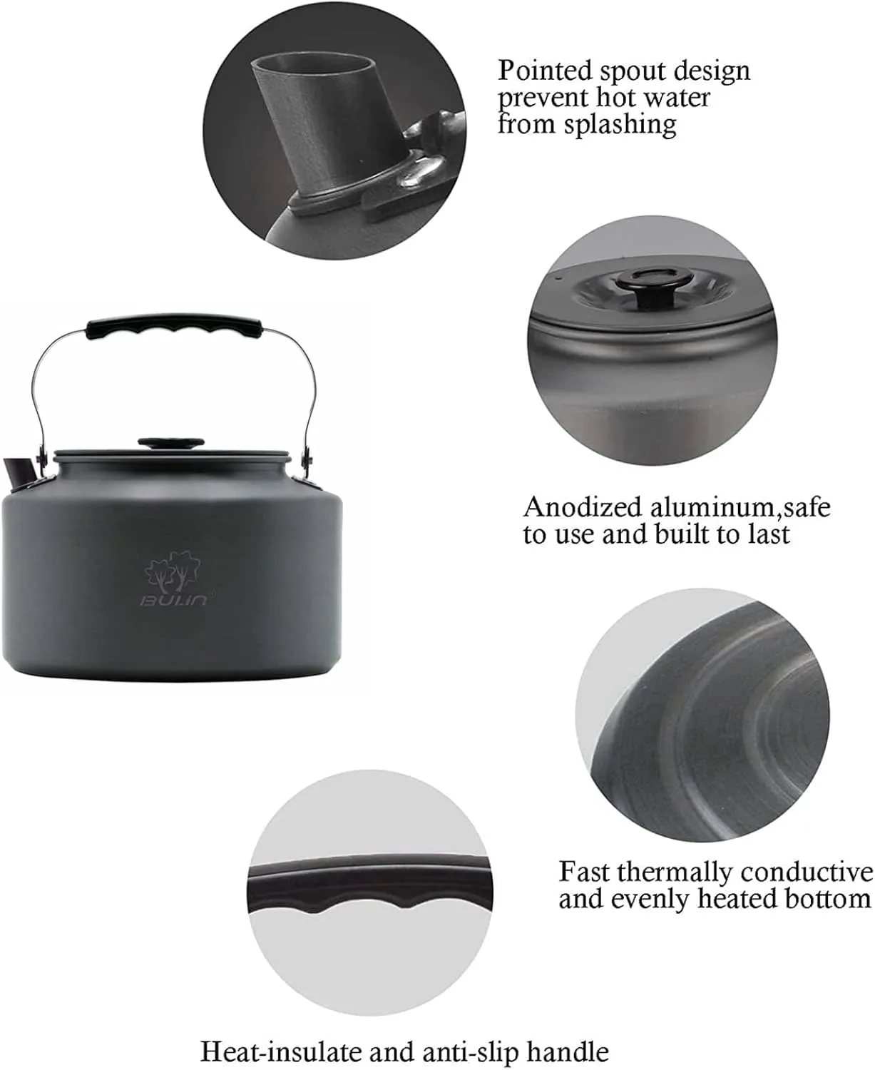 Bulin Camping Kettle, 1.6L Large Portable Stovetop Tea Kettle Fast Heating Boiling Hot Water for Open Fire Lightweight Coffee Pot with Anti-Scald Handle & Carry Bag for Outdoor Hiking Picnic Travel