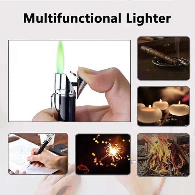 Butane Torch Lighter - Ballpoint Pen Lighter, Windproof Solar Beam Torch, Refillable Adjustable Green Flame Cool Lighter for Candle Camping BBQ Kitchen, Mens Gifts (Without Gas) (Black)