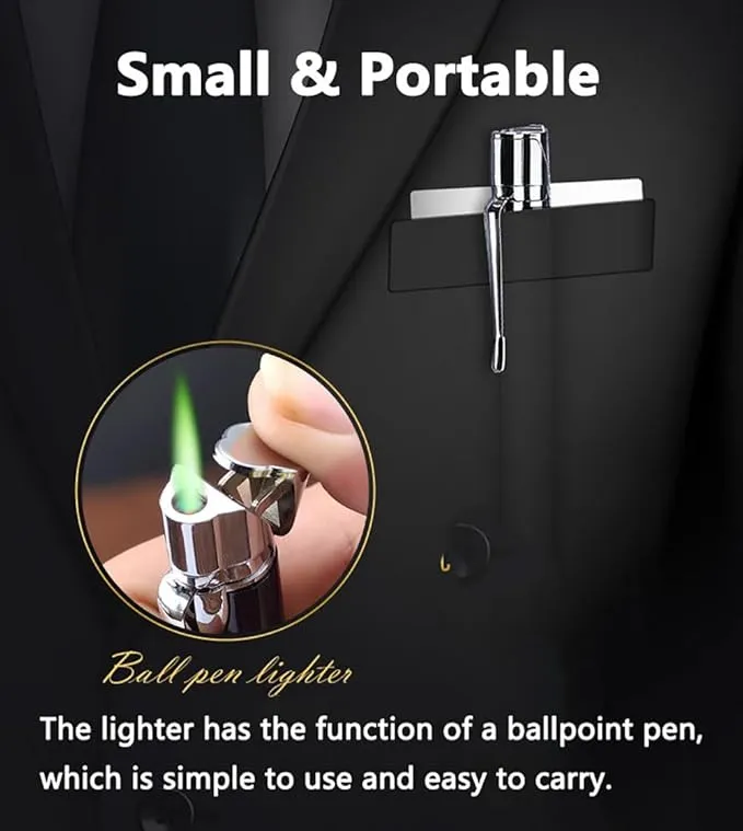 Butane Torch Lighter - Ballpoint Pen Lighter, Windproof Solar Beam Torch, Refillable Adjustable Green Flame Cool Lighter for Candle Camping BBQ Kitchen, Mens Gifts (Without Gas) (Black)