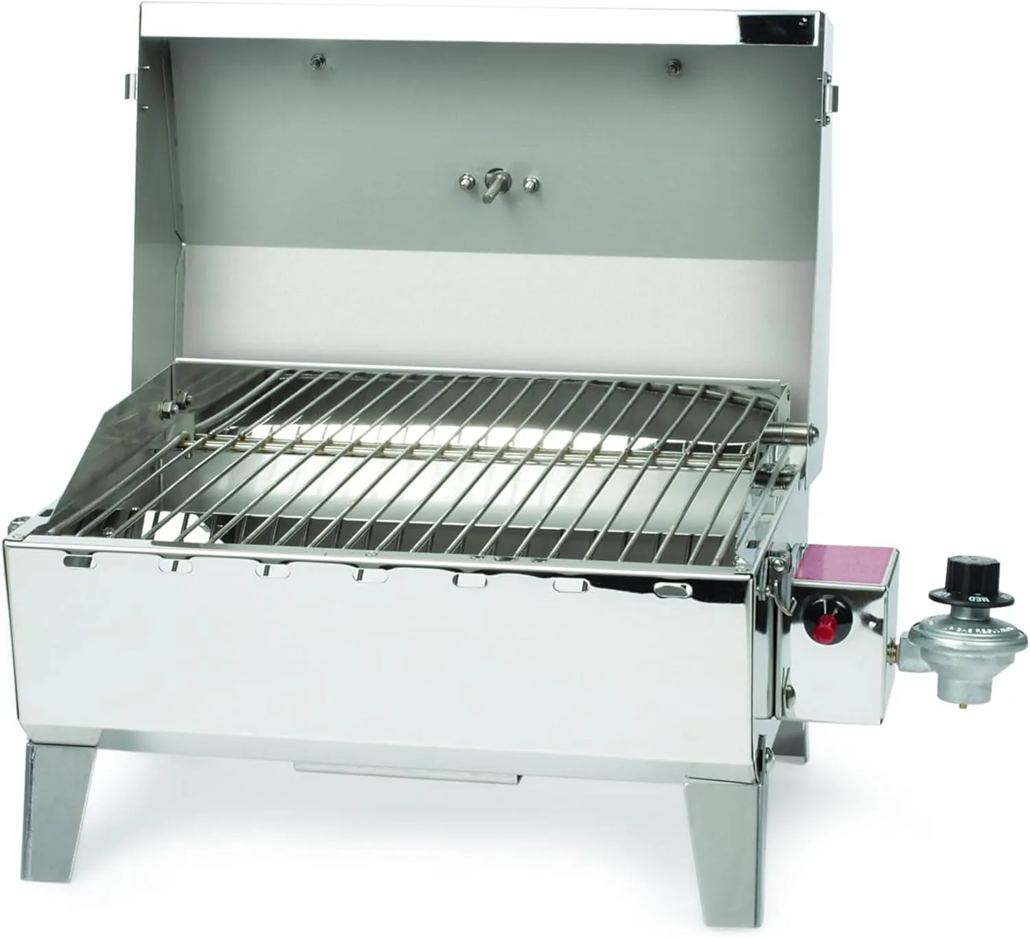 Camco Stainless Steel Portable Propane Gas Grill, Convenient Size For Tailgating, Camping, RV, Picnicking, Home and Boats, Includes Storage Bag (125 Square Inches Of Cooking Surface)