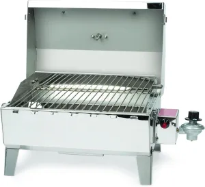 Camco Stainless Steel Portable Propane Gas Grill, Convenient Size For Tailgating, Camping, RV, Picnicking, Home and Boats, Includes Storage Bag (125 Square Inches Of Cooking Surface)