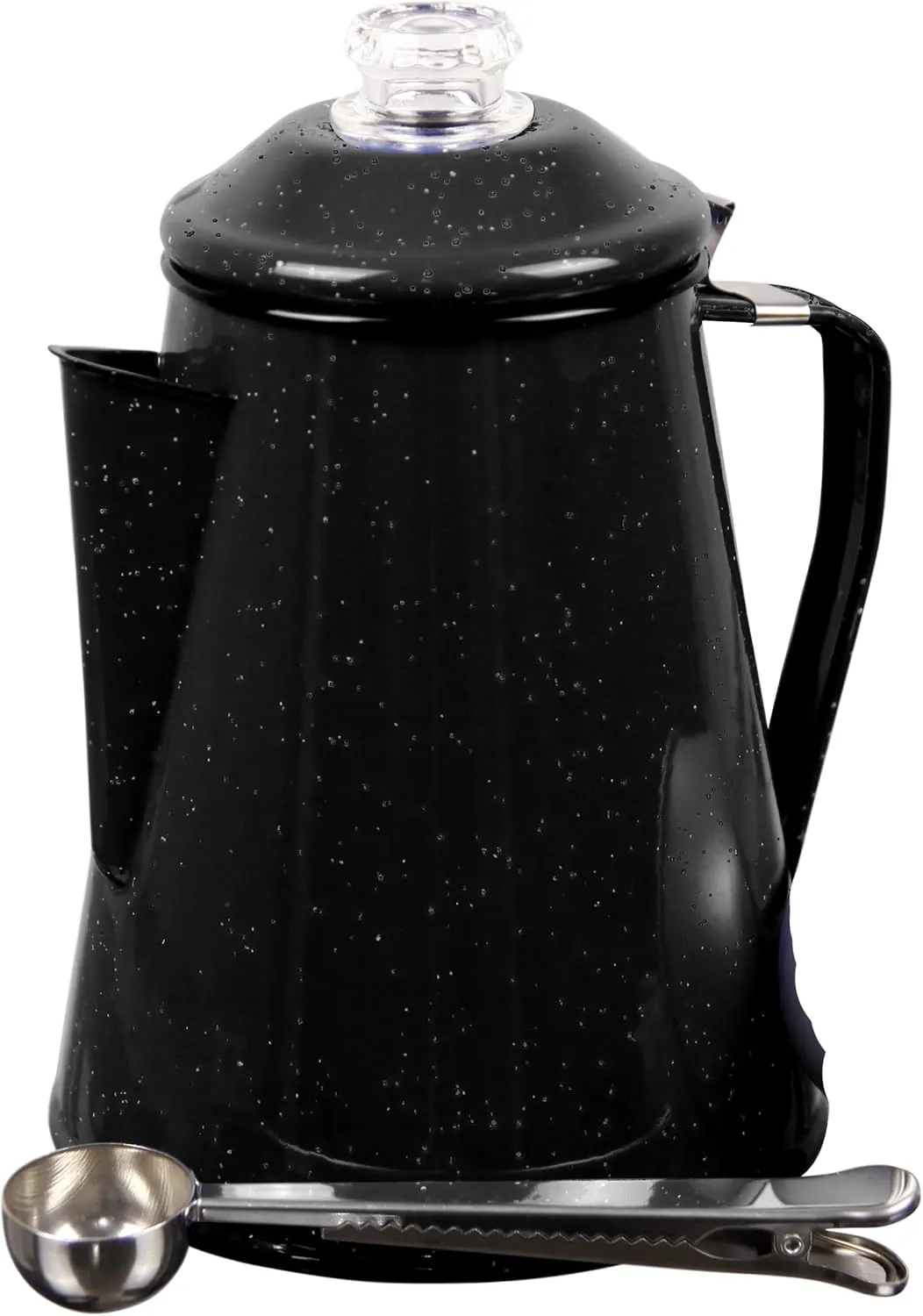 Camping Boiler Enamel Coating And Glass Cap For Backpacking, Campsite, Kitchen, Over Stove And Pot Makes 12 Cups Comes With Stainless Steel Spoon (Black) No Basket