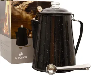 Camping Boiler Enamel Coating And Glass Cap For Backpacking, Campsite, Kitchen, Over Stove And Pot Makes 12 Cups Comes With Stainless Steel Spoon (Black) No Basket