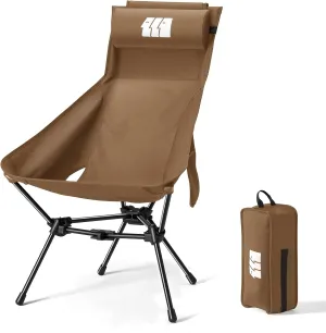 Camping Chair, High Back Folding Camping Chair with Removable Headrest and Carry Bag, Heavy Duty Compact Chair for Outdoor Camp, Travel, Beach, Picnic, Fishing, Suitable for Adults and Kids (Brown)
