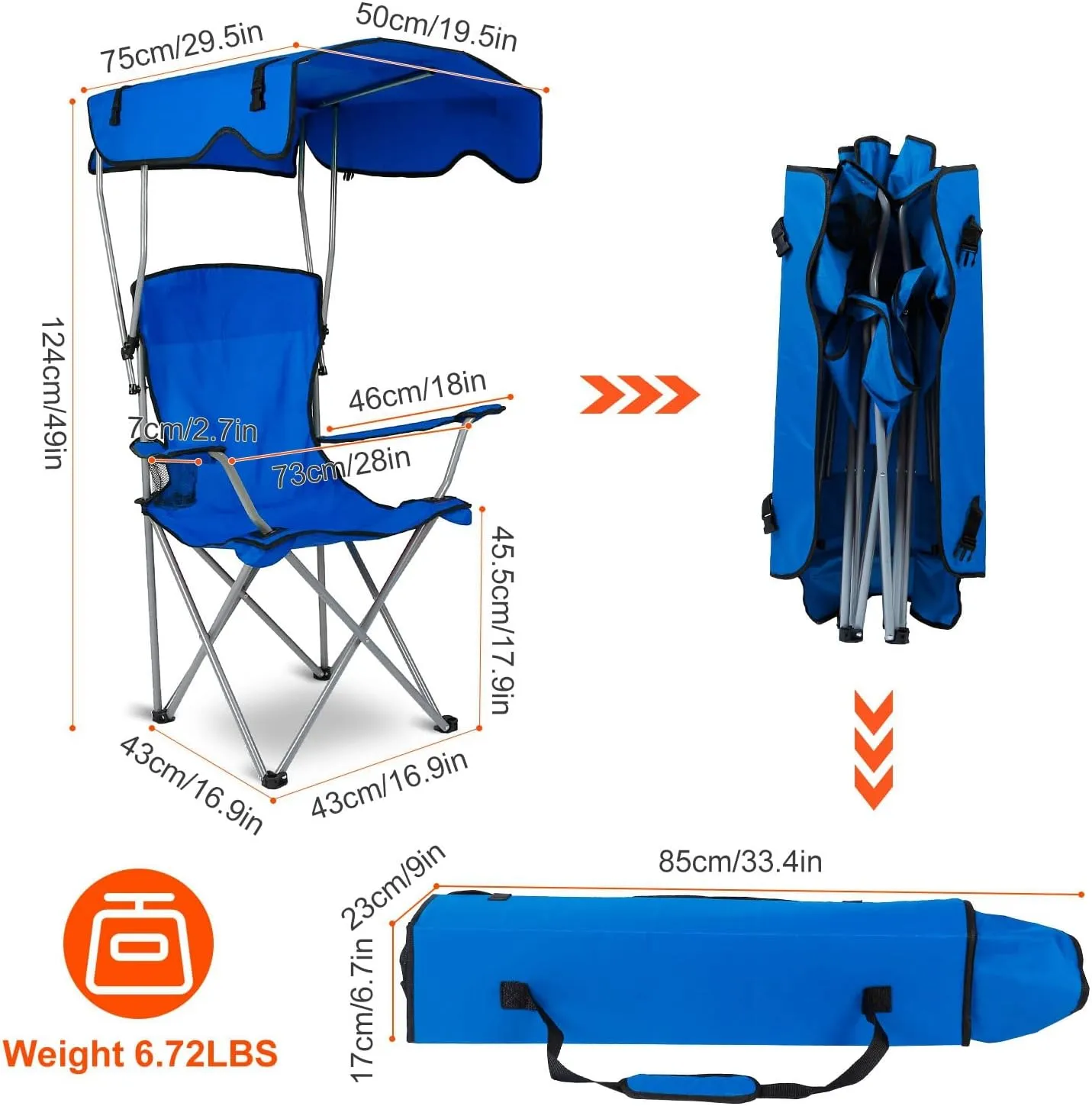 Camping Chair with Canopy, Folding Chairs for Outside, Beach Chair with Canopy Shade, Portable Lawn Chairs with Cup Holders, Heavy Duty Camping Chairs - Support 330 Lbs (Blue)