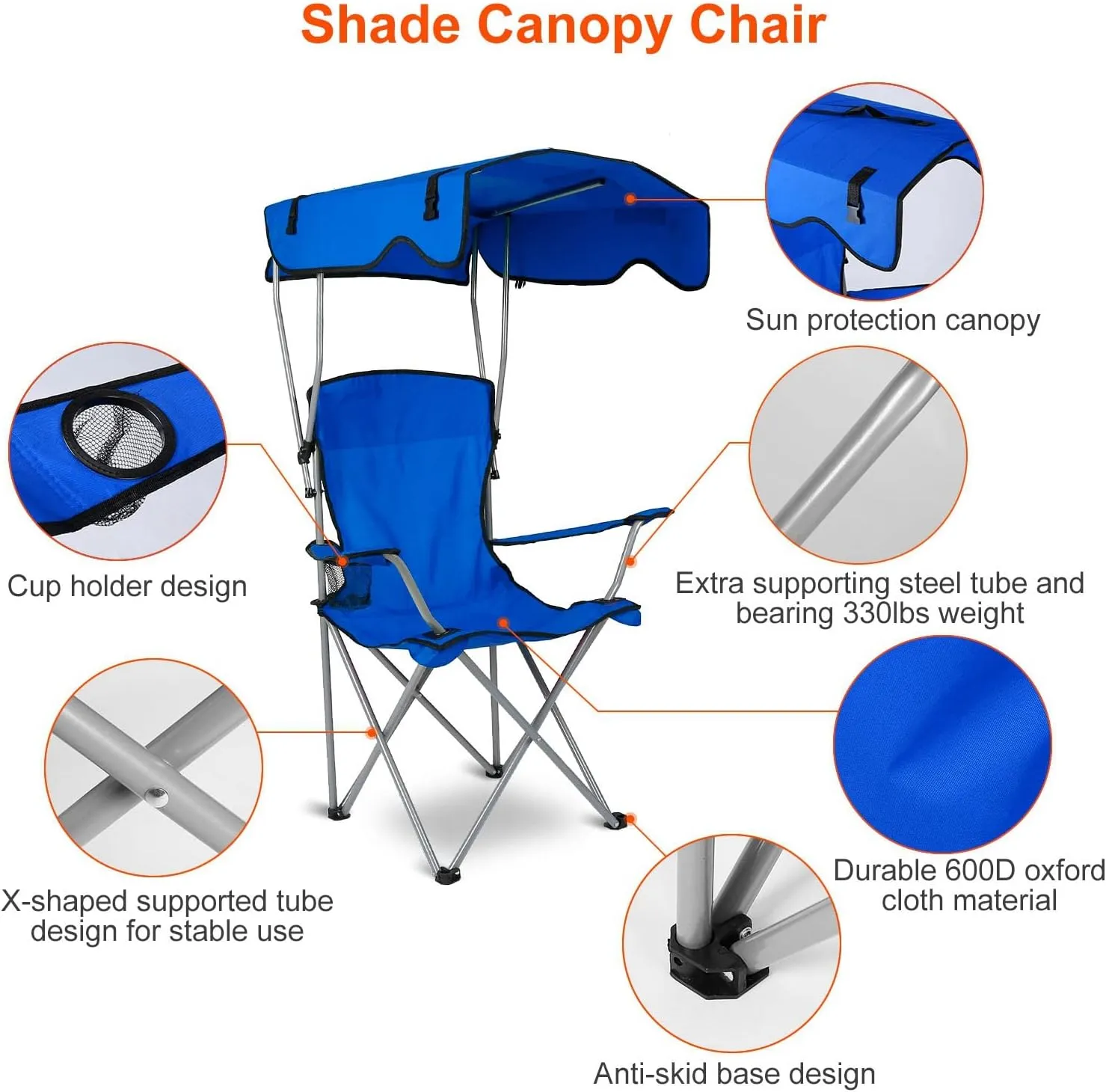 Camping Chair with Canopy, Folding Chairs for Outside, Beach Chair with Canopy Shade, Portable Lawn Chairs with Cup Holders, Heavy Duty Camping Chairs - Support 330 Lbs (Blue)
