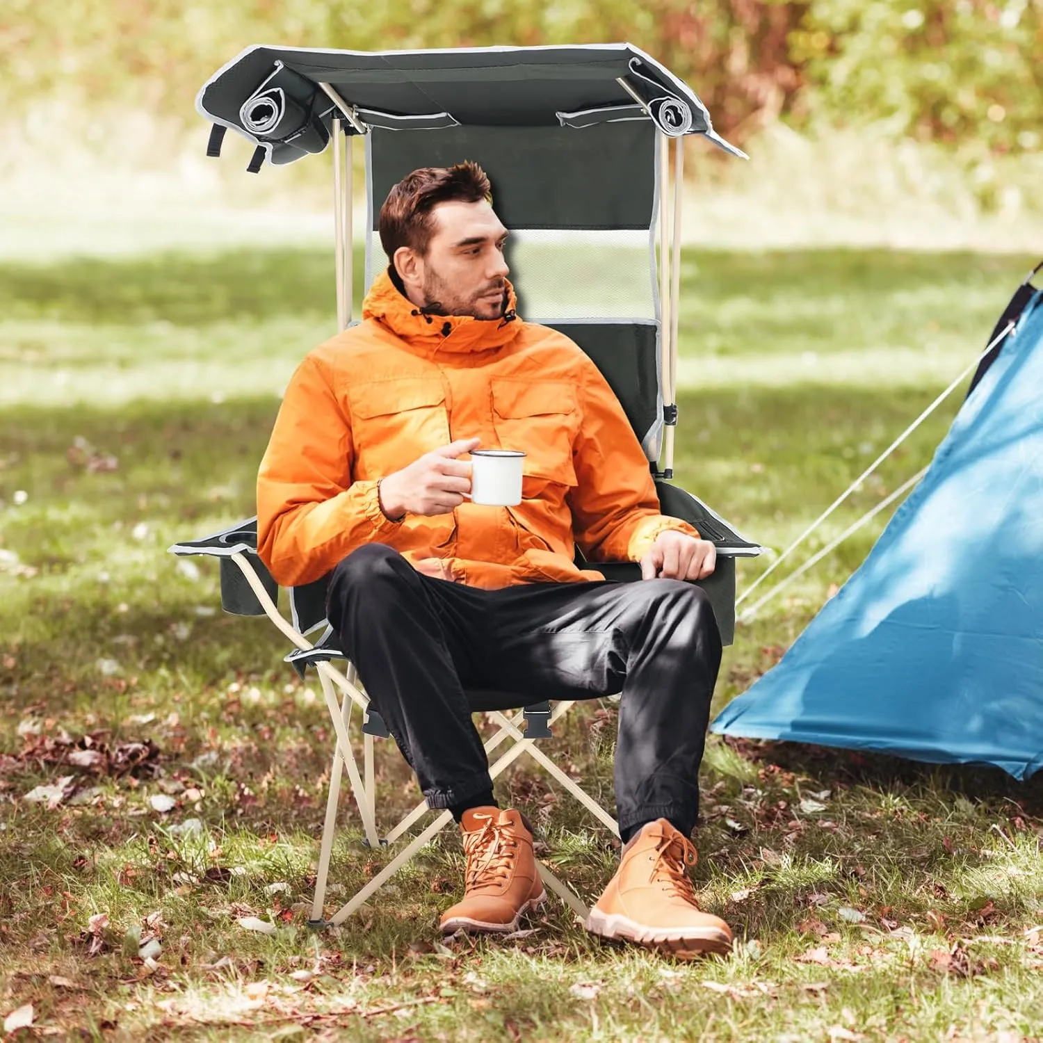 Camping Chair with Canopy, Sports Chairs for Adults, Canopy Chair with Removable Footrest, Ice Fishing Chair with Cupholder, Cooler, Heavy Duty for Outdoor Activities(1 Pack)