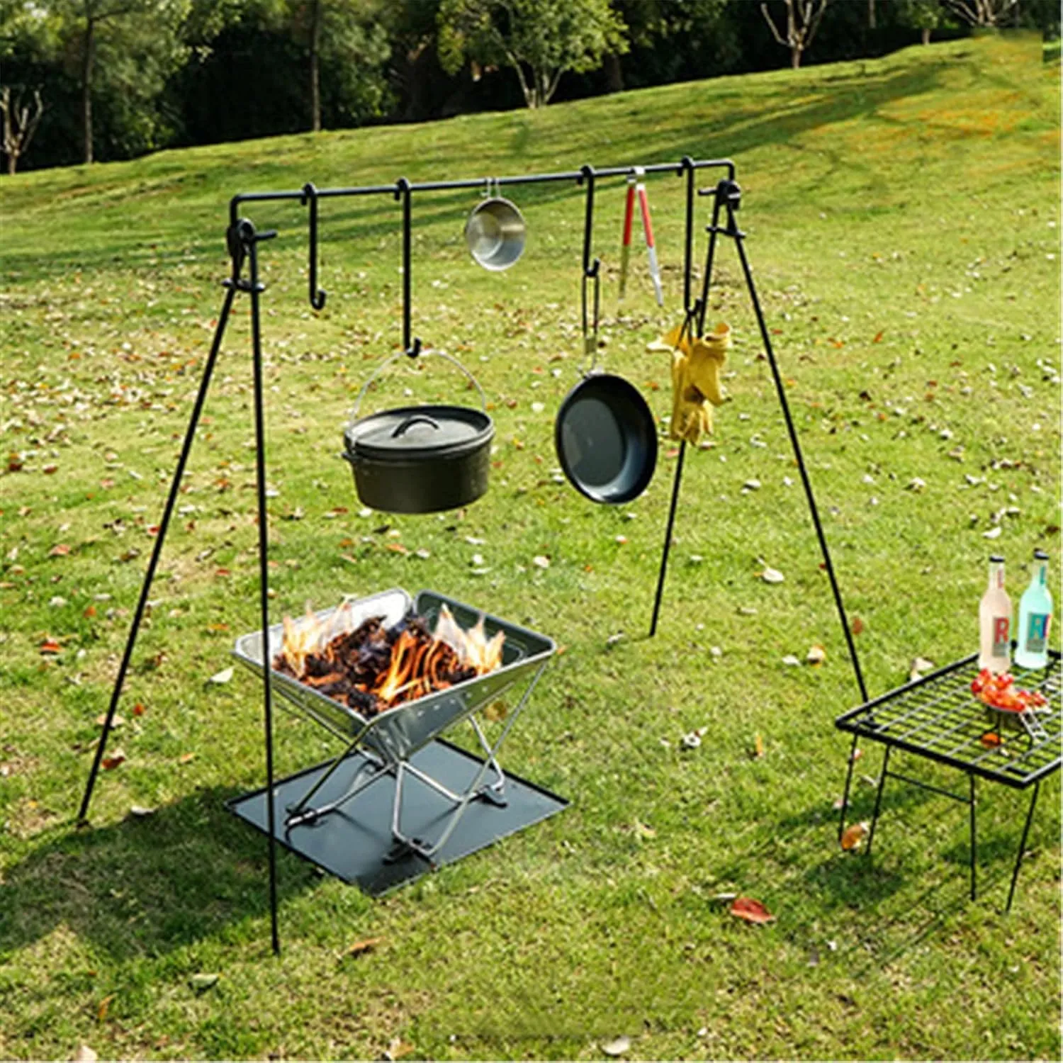 Camping Cooking Tripod Grill Swing Campfire Cooking Stand BBQ Grill for Cookware & Dutch Oven Adjustable Collapsible Legs with Hooks & Accessories for Garden, Camping, Picnic (Black 132X66X112cm)
