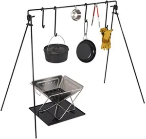 Camping Cooking Tripod Grill Swing Campfire Cooking Stand BBQ Grill for Cookware & Dutch Oven Adjustable Collapsible Legs with Hooks & Accessories for Garden, Camping, Picnic (Black 132X66X112cm)
