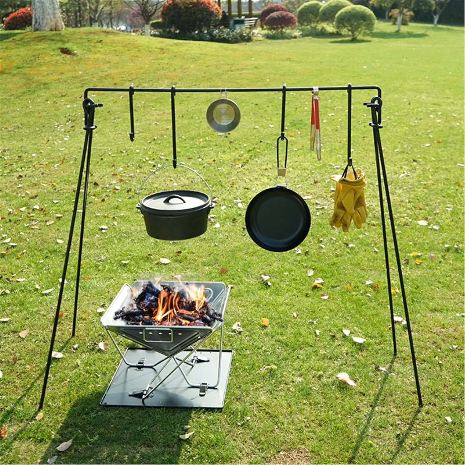 Camping Cooking Tripod Grill Swing Campfire Cooking Stand BBQ Grill for Cookware & Dutch Oven Adjustable Collapsible Legs with Hooks & Accessories for Garden, Camping, Picnic (Black 132X66X112cm)