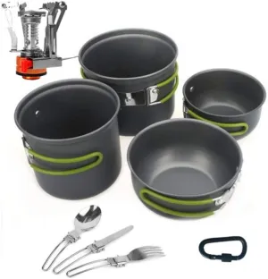 Camping Cookware Equipment Portable Backpacking Cook Set Aluminium Outdoor Collapsible Camping Cookware Mess Kit Pot Pan Stove Spatula Bowl Spork Cooking Pots & Pans (Green Free Size)