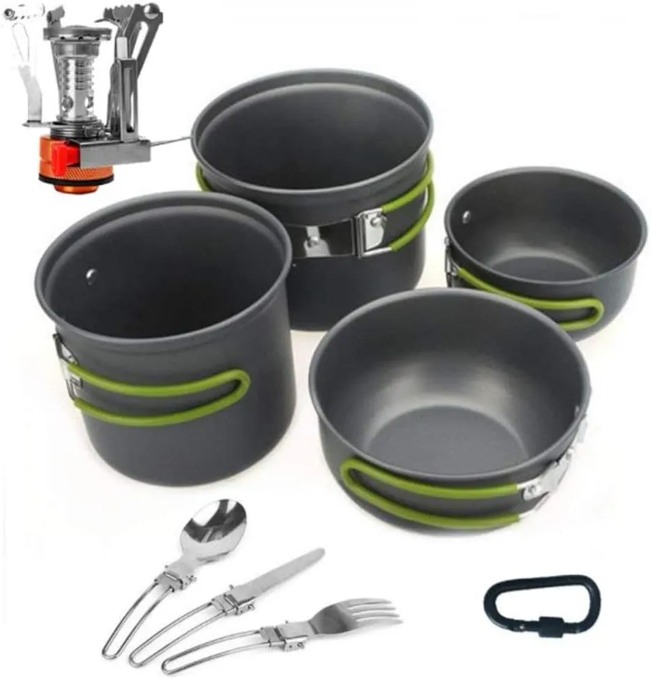 Camping Cookware Equipment Portable Backpacking Cook Set Aluminium Outdoor Collapsible Camping Cookware Mess Kit Pot Pan Stove Spatula Bowl Spork Cooking Pots & Pans (Green Free Size)