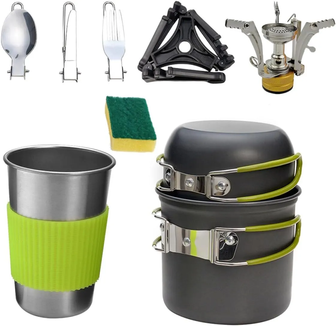 Camping Cookware Kit 1-2 Person Outdoor Cooking Set Aluminum Cook Pots Insulated Handles