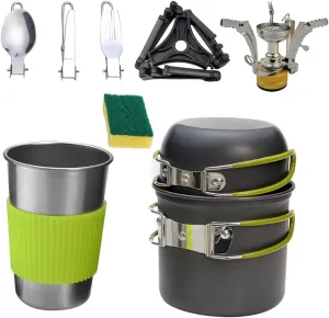 Camping Cookware Kit 1-2 Person Outdoor Cooking Set Aluminum Cook Pots Insulated Handles