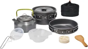 Camping Cookware Kit, 10pcs Camping Pots and Pans Set (Camping Pan Camping Pot Camping Kettle Folding Spoon Rice Spoon Soup Bowls Cleaning Ball Storage Bag) for Camping