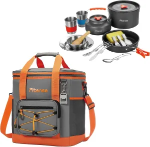 Camping Cookware Kit for 2, Lightweight Camping Kitchen Pots and Pans Set,Bundle with 33L Collapsible Camping Coolers 4-Layer Leakproof Portable Ice Chests