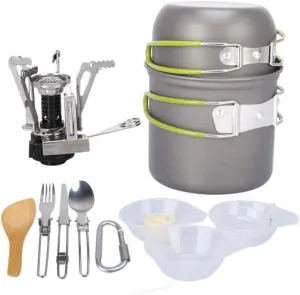 Camping Cookware Lightweight Collapsible Camping Cookware Outdoor Cooking Equipment Mess Kit Pot Pan Spork Spatula Stove Bowl Portable Backpacking Cookset With Mesh Bag Pots & Pans (Green FREE SIZE)