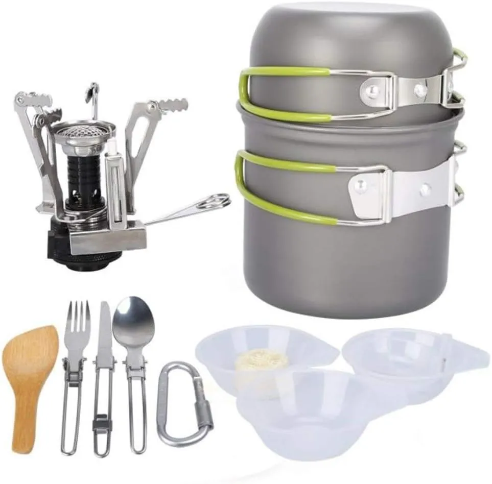 Camping Cookware Lightweight Collapsible Camping Cookware Outdoor Cooking Equipment Mess Kit Pot Pan Spork Spatula Stove Bowl Portable Backpacking Cookset With Mesh Bag Pots & Pans (Green FREE SIZE)