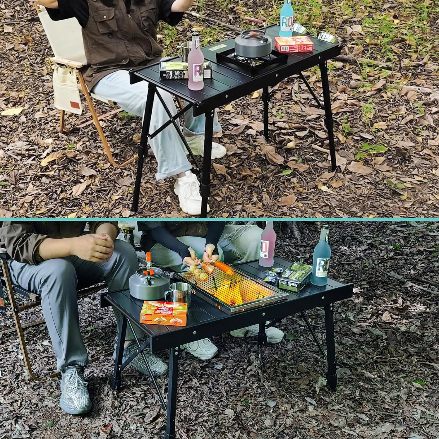 Camping IGT Folding Table, Portable for Outdoor Picnic, Ultralight with Carry Bag, Switchable Tabletop for Multi-Functional Use IGT Beach (Black,Basic)