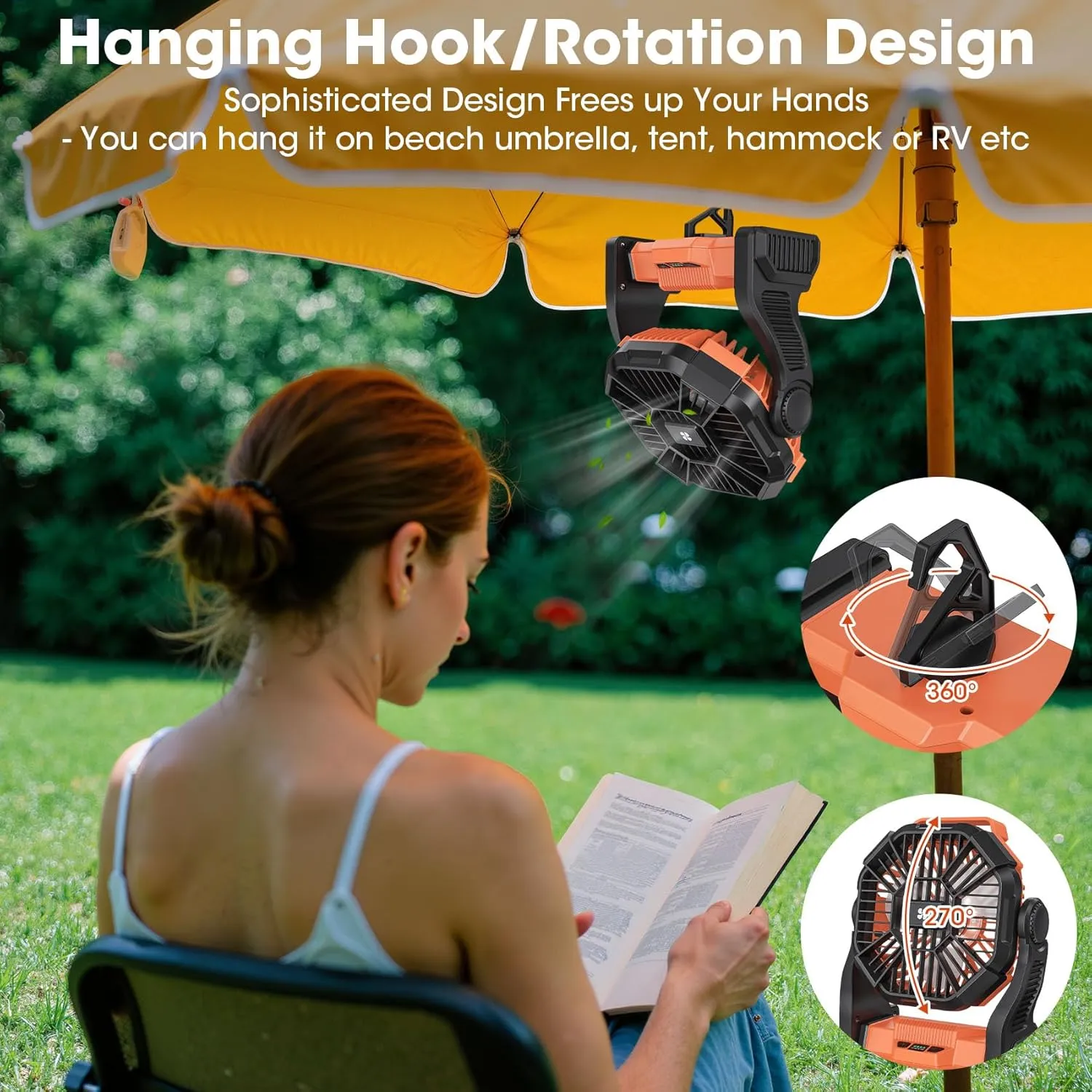 Camping Portable Fans with 20400mAh Battery Rechargeable Power Bank, 360°Tent & Sunshade Mountable Hook Battery Powered Desk Personal Fans, 4-Speed Adjustable Wind & 3-Level Lighting