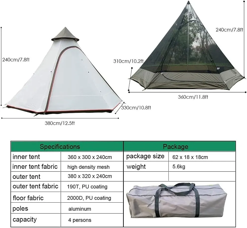 Camping Pyramid Teepee Tent Adult Tipi Tent Double Layers Indian Tent Yurt Tent Tower Post Bell Tent for Outdoor Family Trip