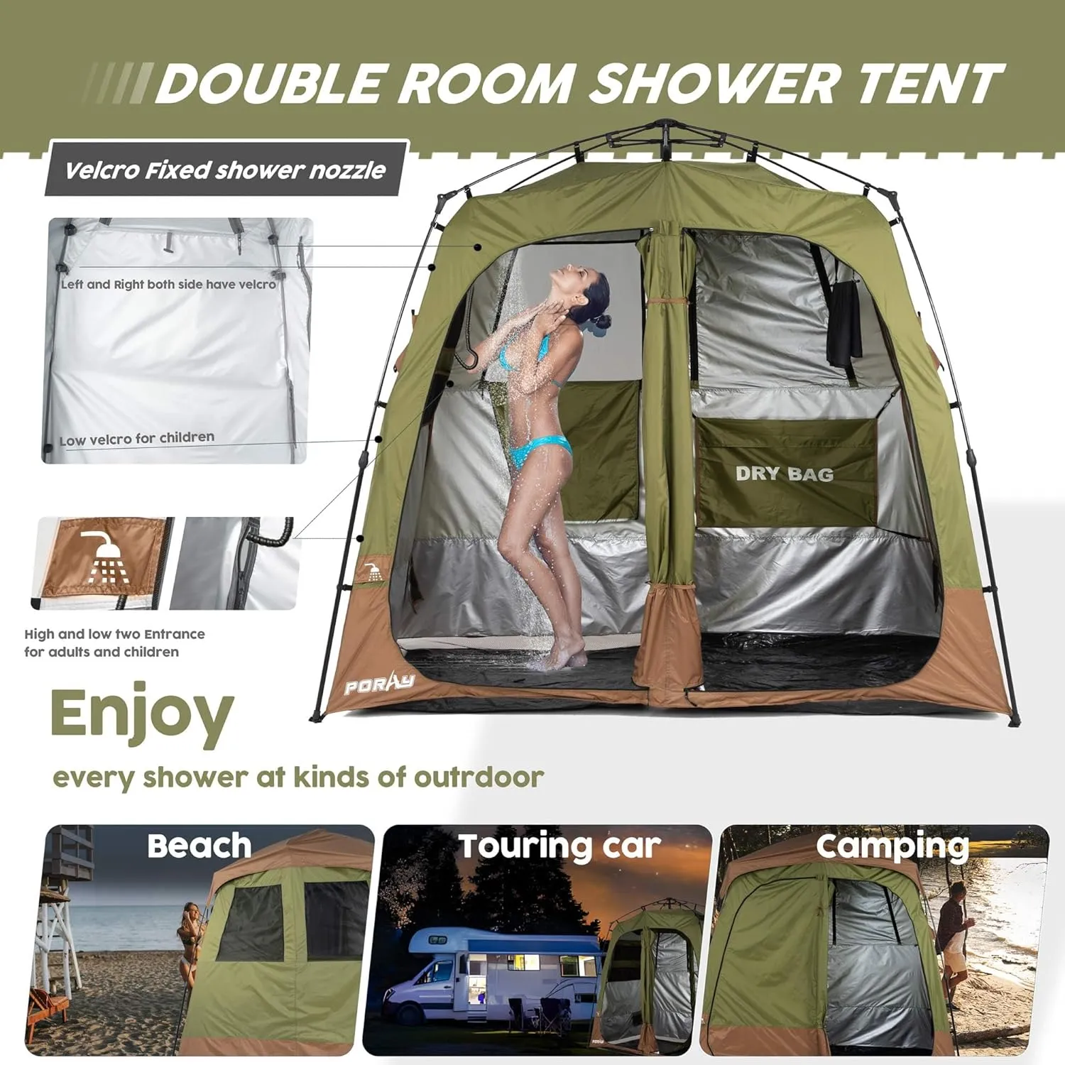 Camping Shower Tent Deluxe Changing Room Easy Set Up Privacy Shelter,Large Toilet Tent 2 Rooms with Floor Drain Design for Beach, Camping,Hiking with Stakes and Ropes for Stability