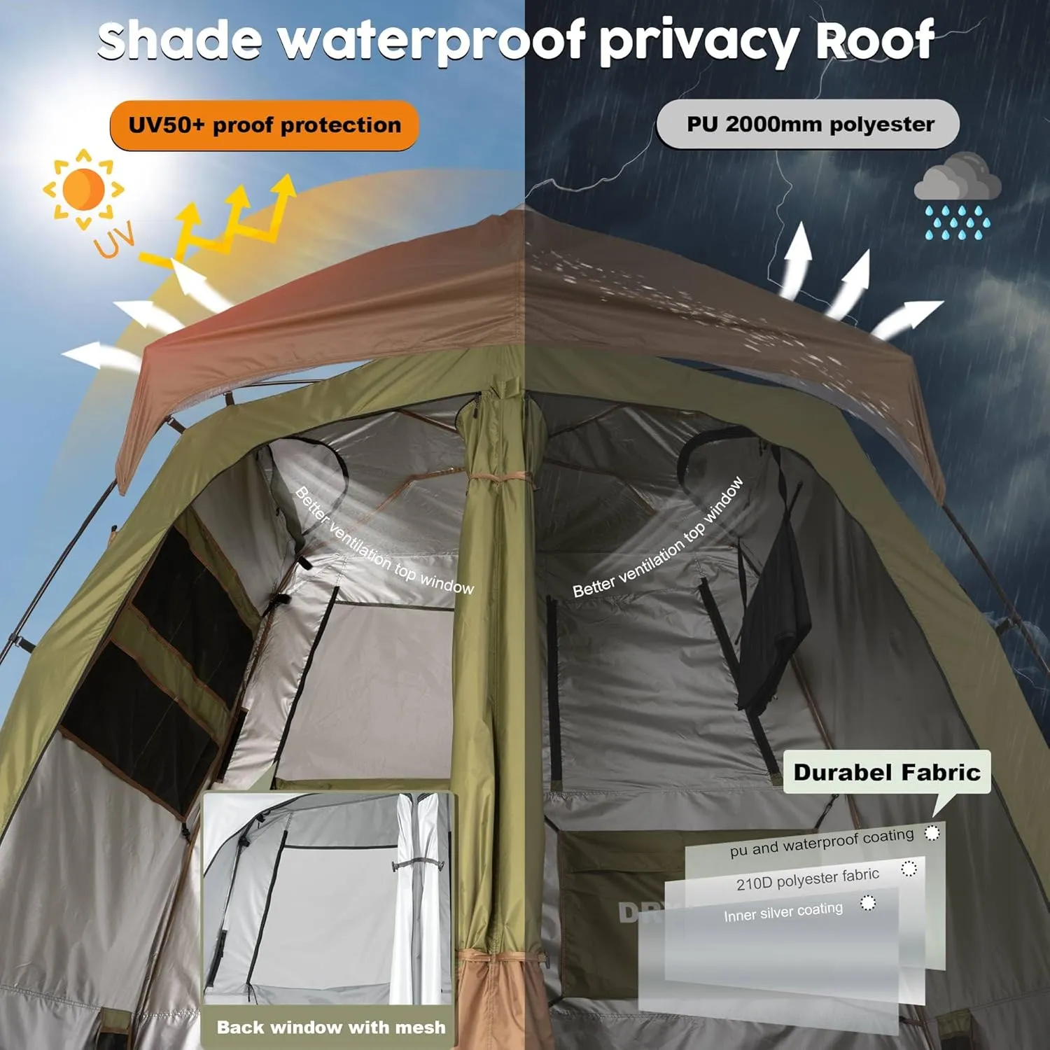 Camping Shower Tent Deluxe Changing Room Easy Set Up Privacy Shelter,Large Toilet Tent 2 Rooms with Floor Drain Design for Beach, Camping,Hiking with Stakes and Ropes for Stability