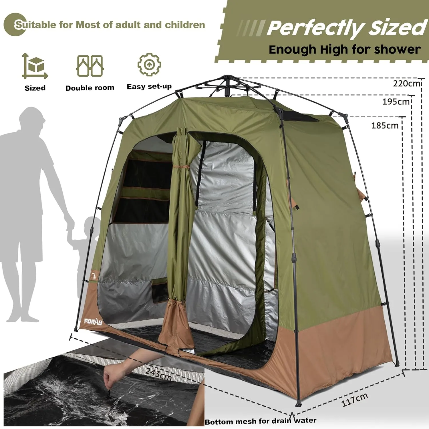 Camping Shower Tent Deluxe Changing Room Easy Set Up Privacy Shelter,Large Toilet Tent 2 Rooms with Floor Drain Design for Beach, Camping,Hiking with Stakes and Ropes for Stability