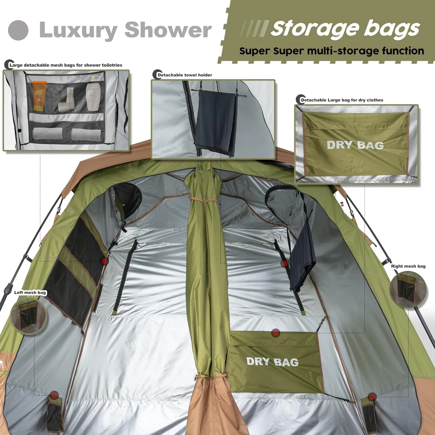 Camping Shower Tent Deluxe Changing Room Easy Set Up Privacy Shelter,Large Toilet Tent 2 Rooms with Floor Drain Design for Beach, Camping,Hiking with Stakes and Ropes for Stability