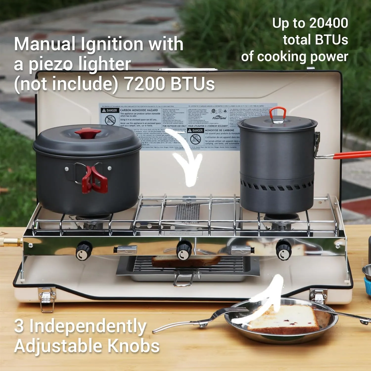 Camping Stove, 3 Burners Propane Portable Camp Stove with Regulator, Push-Button Instant Ignition, Adjustable Burners & Wind Guards for Car BBQ Picnics Outdoor Cooking (BEIGE-20400 BTUs)