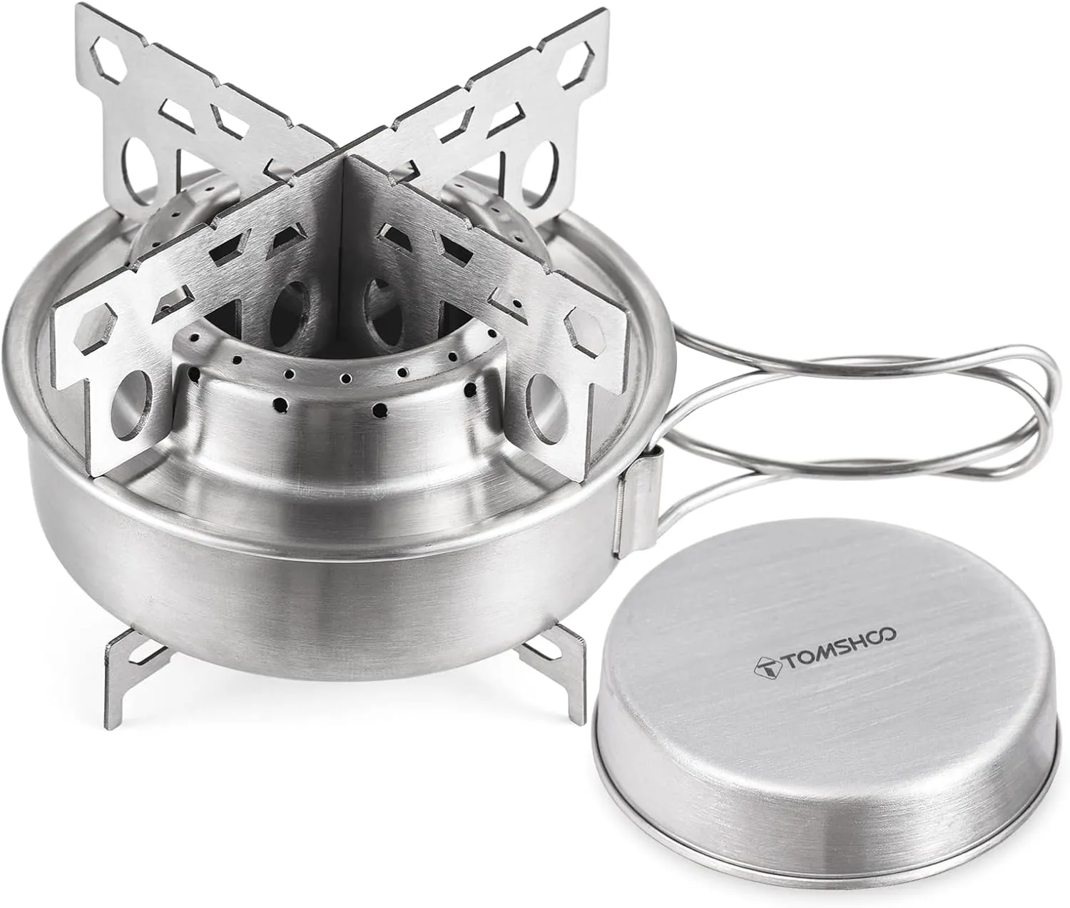 Camping Stove, Camping Stove with Cross Stand and Lid Portable Outdoor Stainless Steel Stove with Foldable Handles for Camping Hiking Backpacking Picnic Survival