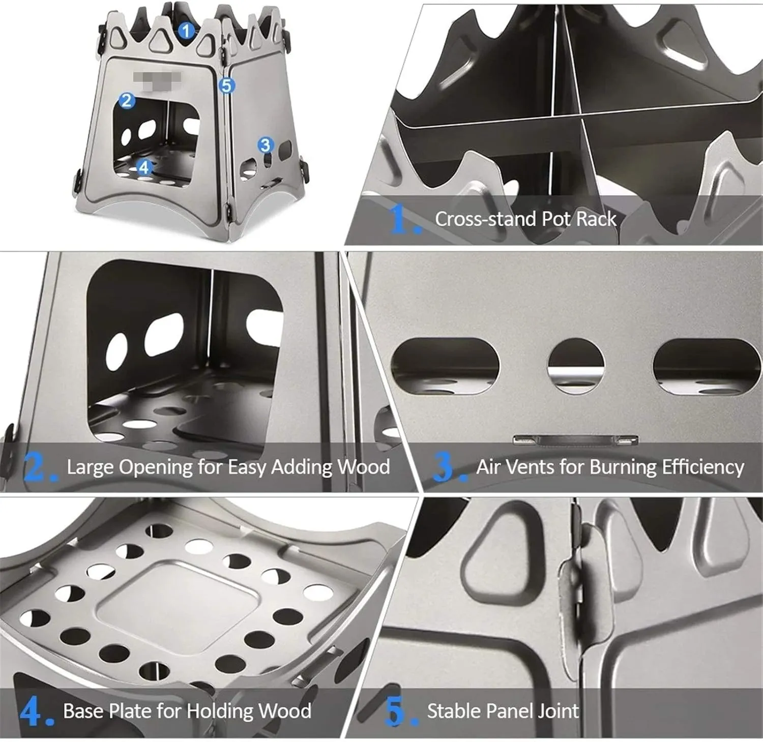 Camping Stove Camping Wood Stove Folding Titanium Wood Burning Stove Lightweight Pocket Stove (Color : Silver, Size : One Size) (Silver One Size)