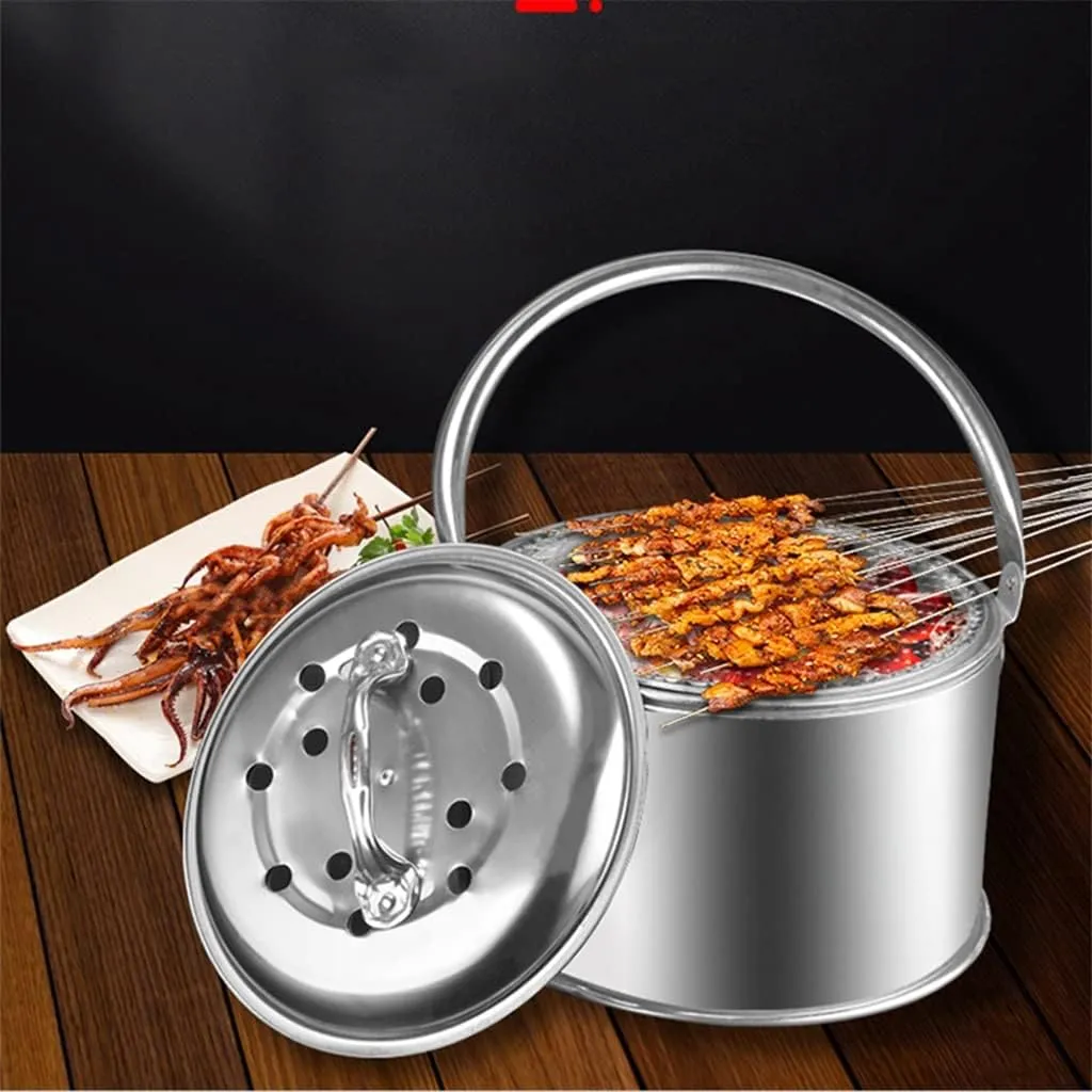 Camping Stove,Grill fire Pit with Stainless Steel Grill net,Portable Grill Wood Burning Stoves for Picnic BBQ Camp Hiking (Silver 27.5cm)
