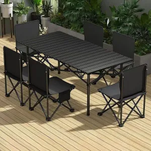 Camping Table and Chairs Picnic with 6 Chairs Fold up Chair with Side Pocket Portable Camping Set with Carry Bag for Indoor Outdoor BBQ,Black