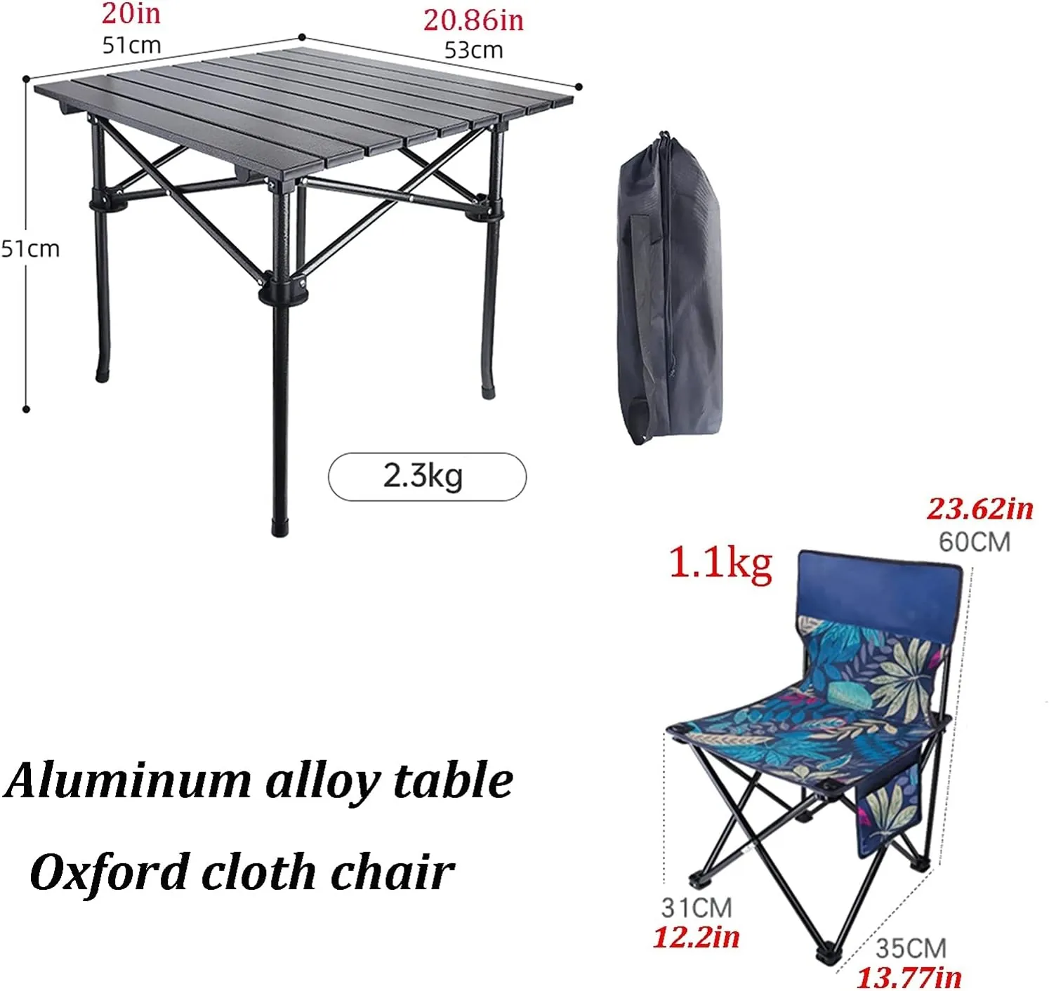 Camping Table Chairs and Chair Set with Storage Bag, Aluminum Alloy Outdoor Barbecue Picnic Table, Load 100kg