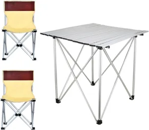 Camping Table Chairs Portable Outdoor and Chair Set, Roll Aluminum Camping Picnic Table, Suitable for Car, Beach, Fishing
