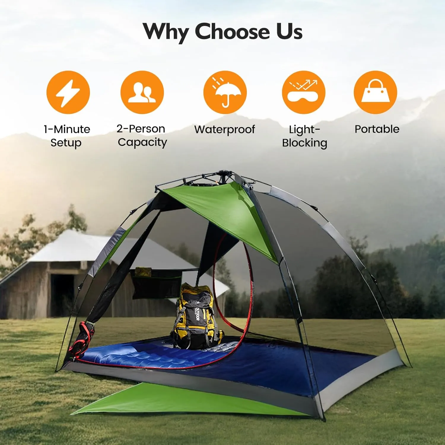 Camping Tent 2 Person, Waterproof & Blackout Double Layer Pop Up Outdoor Tent for Park, Picnic, Travel, Portable and Easy Setup