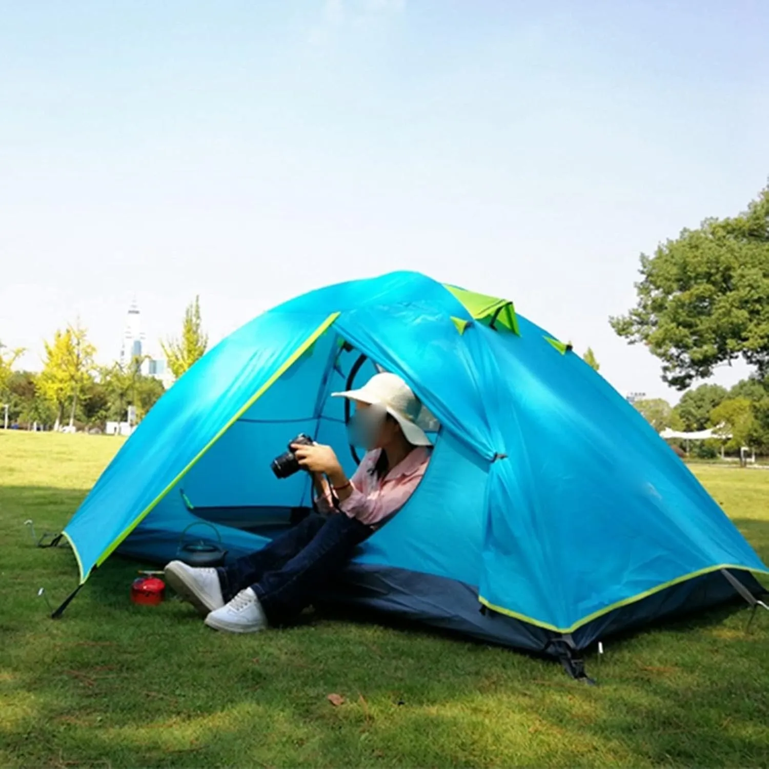 Camping Tent 3-4 Person Family Tent, Lightweight Portable Alumimun Pole Waterproof Anti-Storm Double Layer 4 Season Camping Tent (Color : Blue) (Green