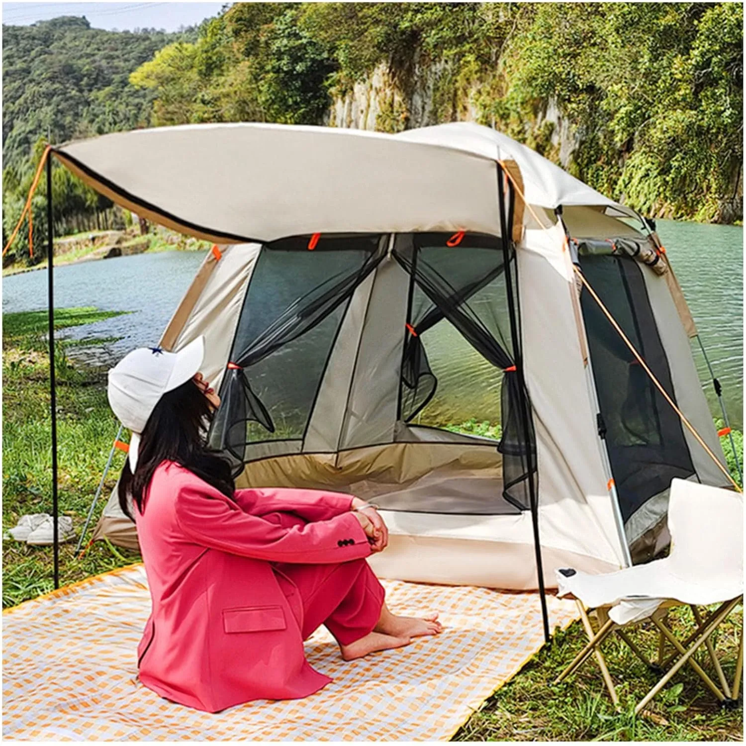 Camping Tents Family 4 People Double Doors and Four Windows,Pop Open in Three Seconds Glamping Tent Practical Advanced Tenting for Family,Outdoor,Hiking and Mountaineering