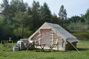 Camping with Inflatable 4-6 Person Tent, Quick Setup, Waterproof, and Heated Option, Beige