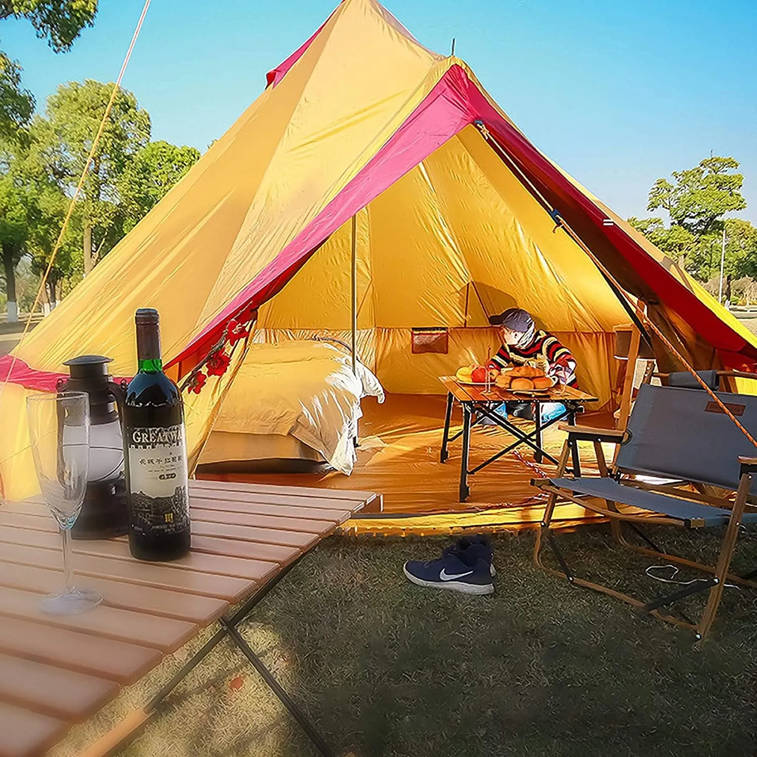 Camping Yurt Tent 4-Season Large Tents 4m Bell Tent 3-10 Persons Polyester Pyramid Tent Festivals and Human Shelter for Inhabiting or Leisure