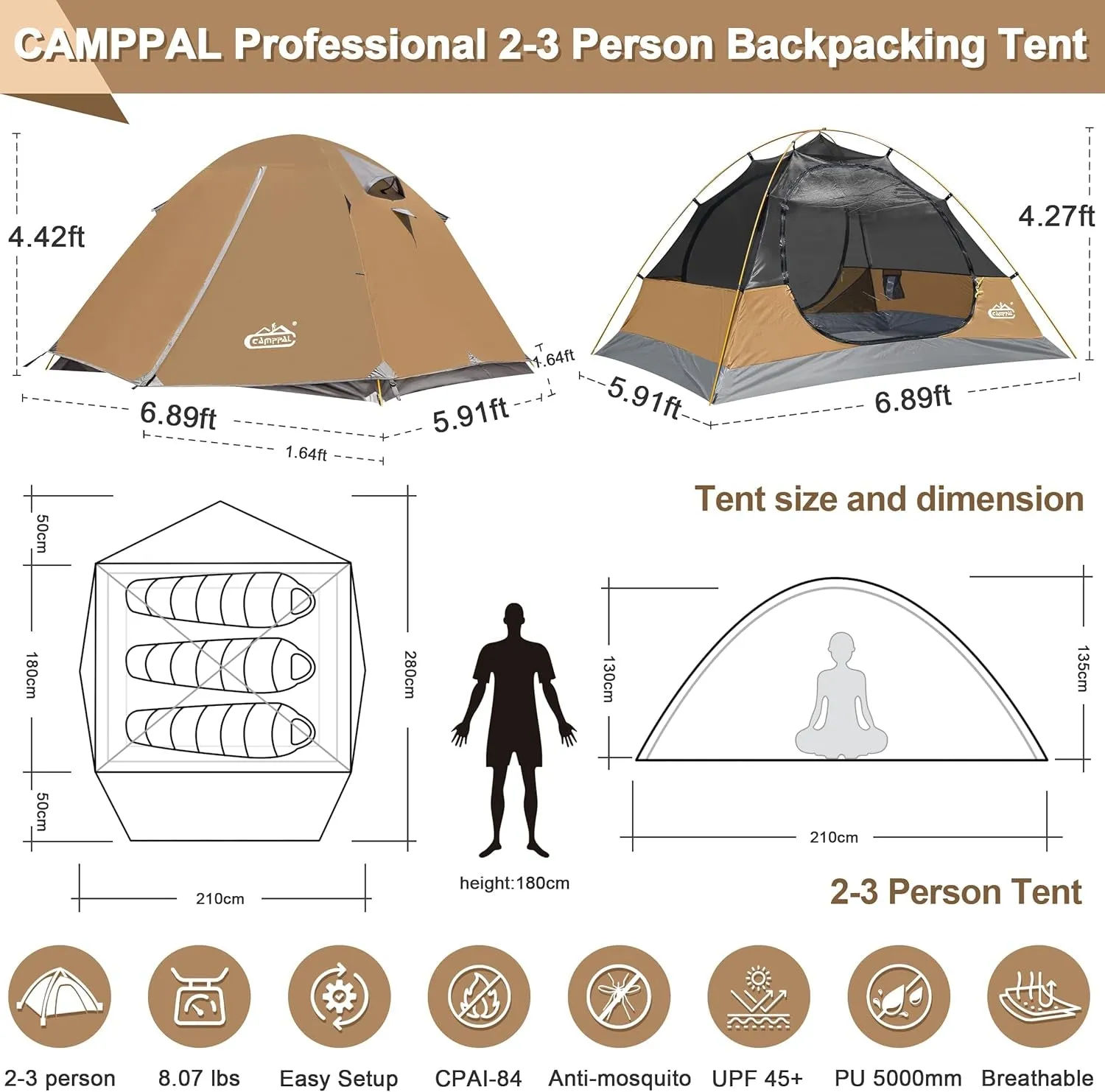 Camppal 2-3 Person Waterproof Tent for Hiking/Camping