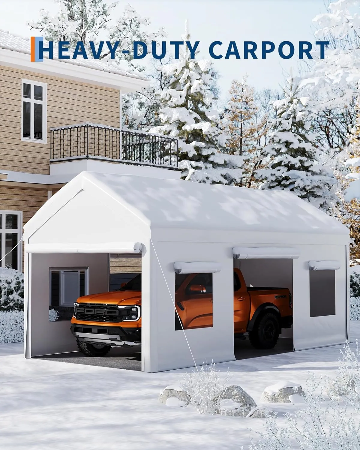 Carport 10 x 20 FT, Heavy Duty Carport Canopy with Roll Up and Down Mesh Window, Outdoor Portable Garage with Removable Sidewalls, All Season Tarp for Car, Boat, Truck, Motorcycle (White)