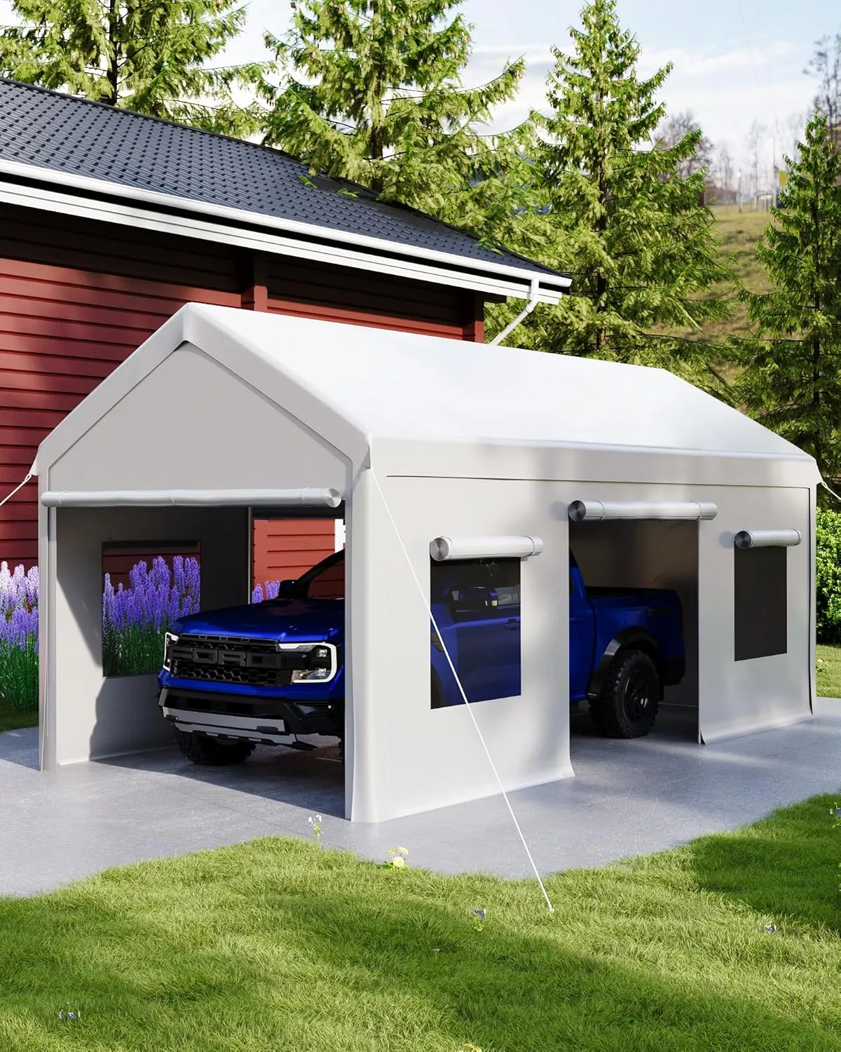 Carport 10 x 20 FT, Heavy Duty Carport Canopy with Roll Up and Down Mesh Window, Outdoor Portable Garage with Removable Sidewalls, All Season Tarp for Car, Boat, Truck, Motorcycle (White)